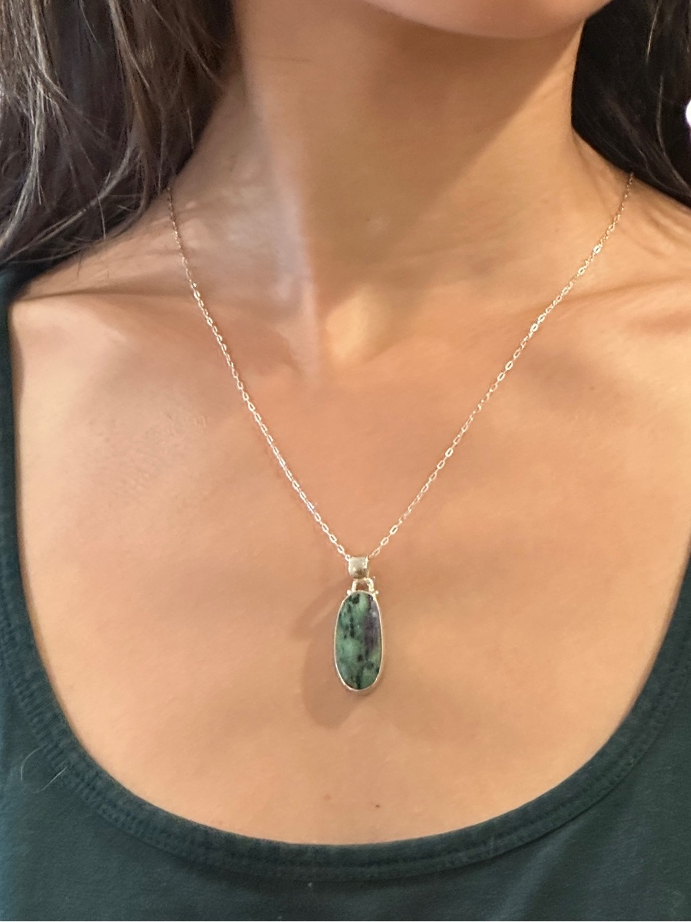 Green Stone Pendant Sterling Silver Necklace